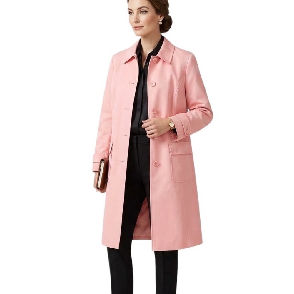 Evan-Picone Warm Pink Trench Coat Womens XL Polka Dot Lining Cotton Button Front